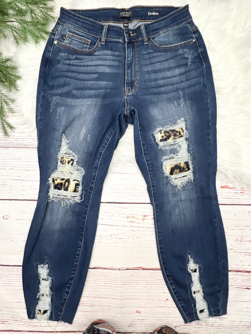 👖|•JUDY  BLUE•| Cheetah Leopard Back Distressing Skinny Fit Jeans Size 14W👖